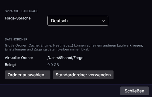 Forge-Einstellungen mit dem Datenordner