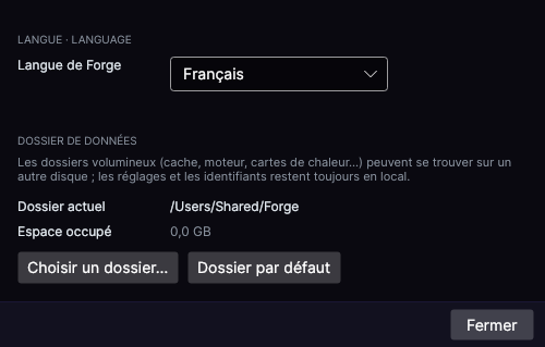 Réglages de Forge avec le dossier de données