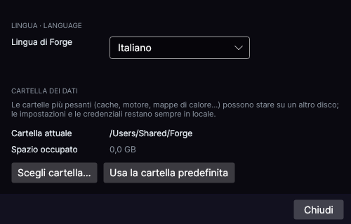 Impostazioni di Forge con la cartella dei dati