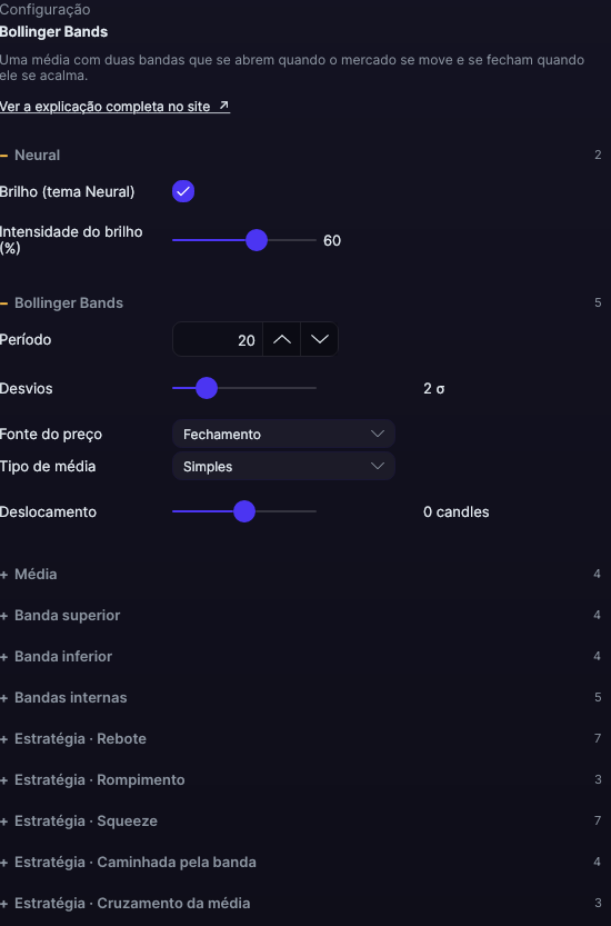 Painel de ajustes das Bollinger Bands no Forge, com a seção Bollinger Bands aberta