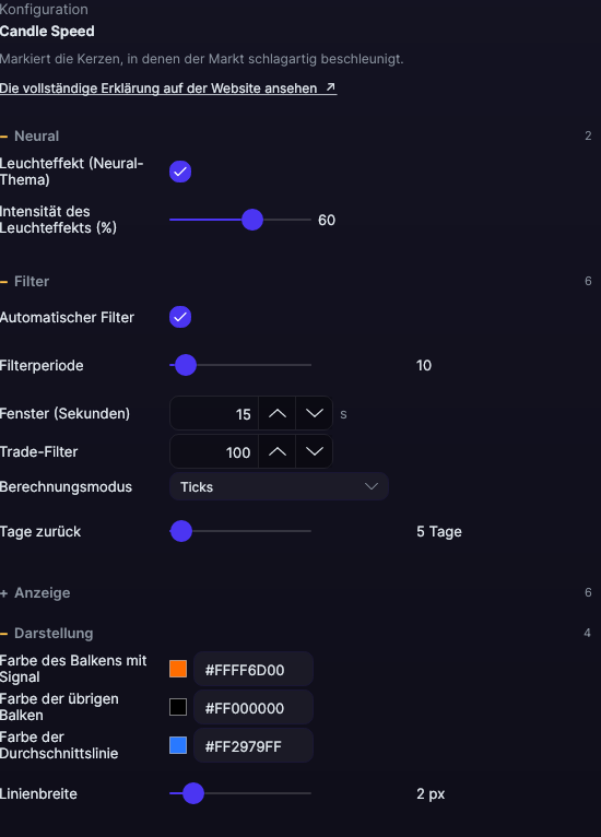 Einstellungsfenster des Candle Speed in Forge, mit den Abschnitten Filter und Darstellung geöffnet