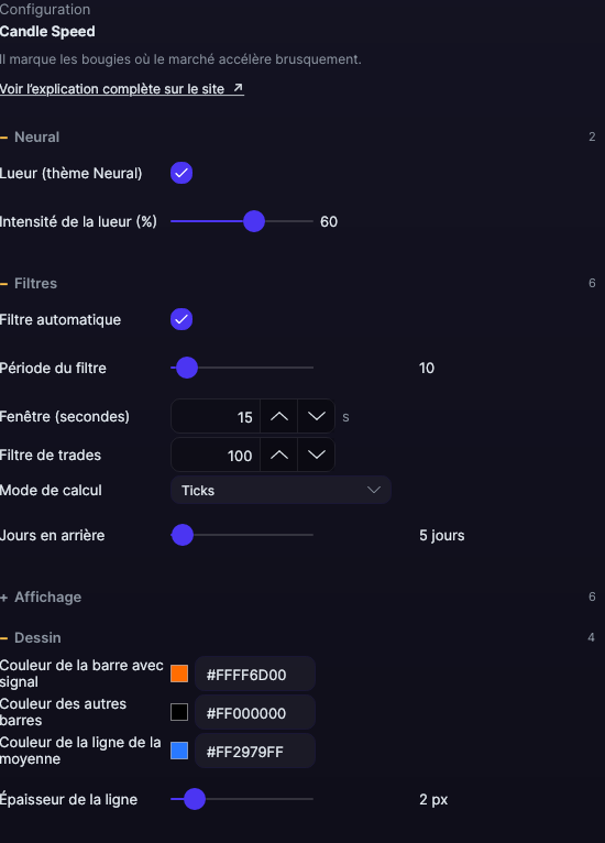 Panneau de réglages du Candle Speed dans Forge, avec les sections Filtres et Dessin ouvertes