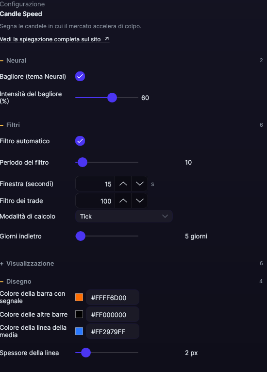 Pannello delle impostazioni del Candle Speed in Forge, con le sezioni Filtri e Disegno aperte