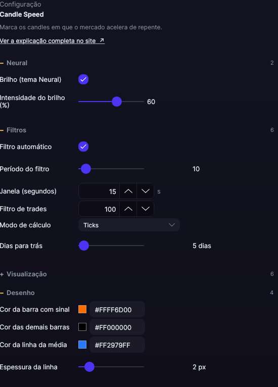 Painel de ajustes do Candle Speed no Forge, com as seções Filtros e Desenho abertas