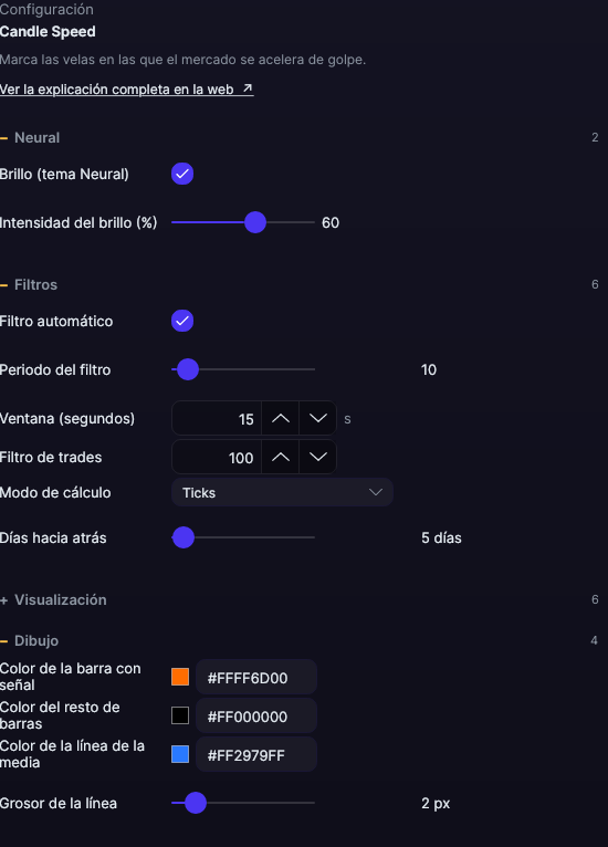 Panel de ajustes del Candle Speed en Forge, con los apartados Filtros y Dibujo abiertos