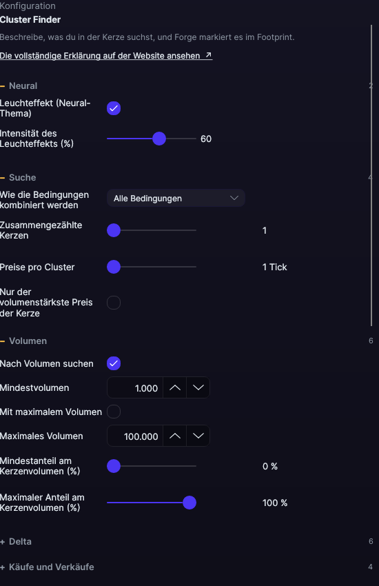 Einstellungsfenster des Cluster Finder in Forge, mit den Abschnitten Suche und Volumen geöffnet