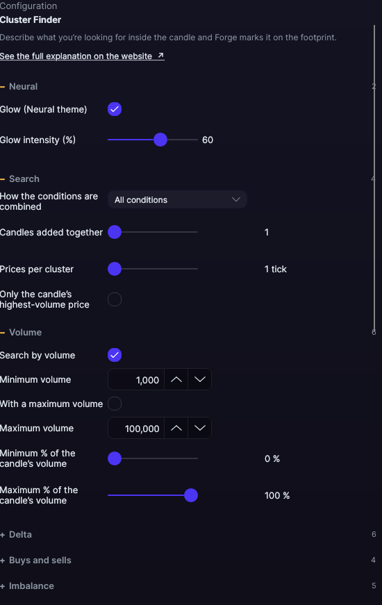 Cluster Finder settings panel in Forge, with the Search and Volume sections open