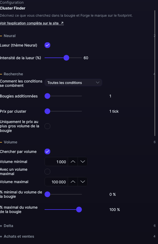 Panneau de réglages du Cluster Finder dans Forge, avec les sections Recherche et Volume ouvertes