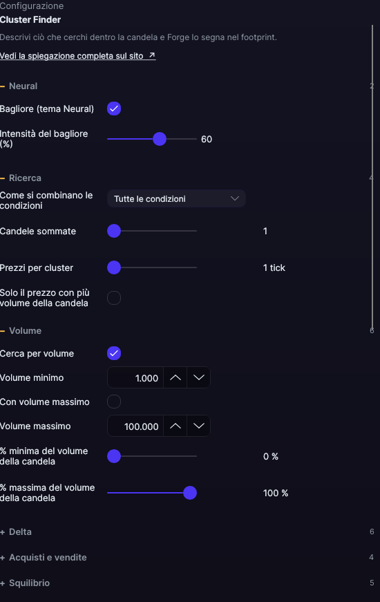 Pannello delle impostazioni del Cluster Finder in Forge, con le sezioni Ricerca e Volume aperte