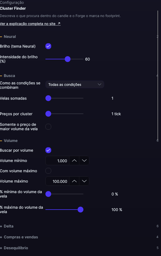 Painel de ajustes do Cluster Finder no Forge, com as seções Busca e Volume abertas