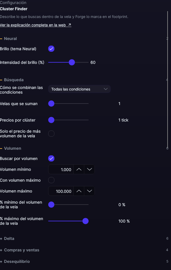 Panel de ajustes del Cluster Finder en Forge, con los apartados Búsqueda y Volumen abiertos
