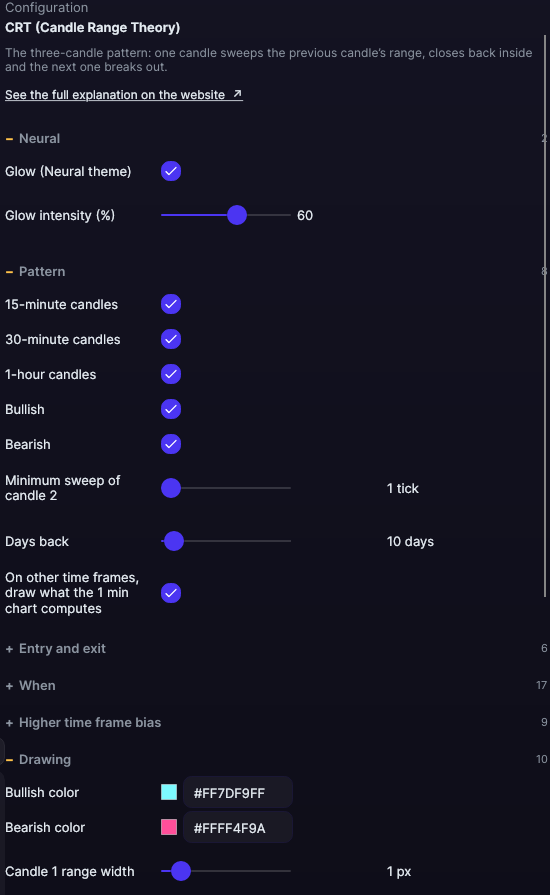 CRT settings panel in Forge, with the Neural, Pattern and Drawing sections open