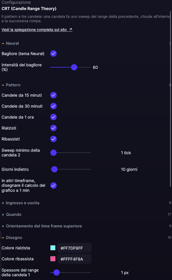 Pannello delle impostazioni del CRT in Forge, con le sezioni Neural, Pattern e Disegno aperte