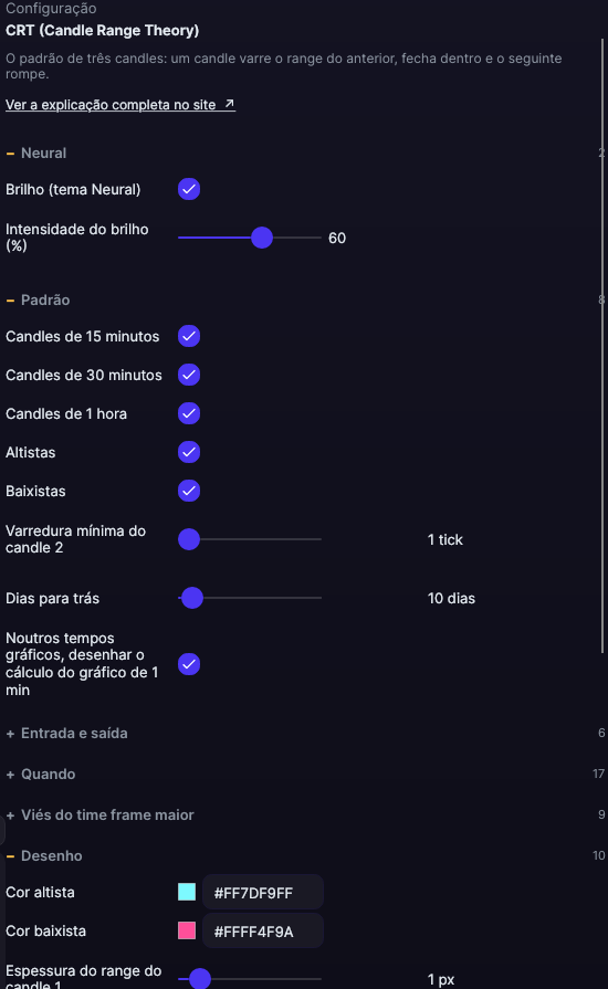 Painel de ajustes do CRT no Forge, com as seções Neural, Padrão e Desenho abertas