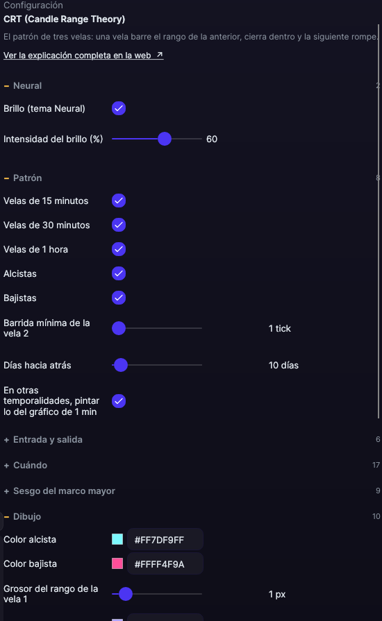 Panel de ajustes del CRT en Forge, con los apartados Neural, Patrón y Dibujo abiertos
