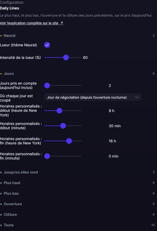 Panneau de réglages de Daily Lines dans Forge, avec la section Jours ouverte