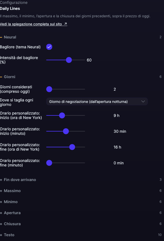 Pannello delle impostazioni di Daily Lines in Forge, con la sezione Giorni aperta
