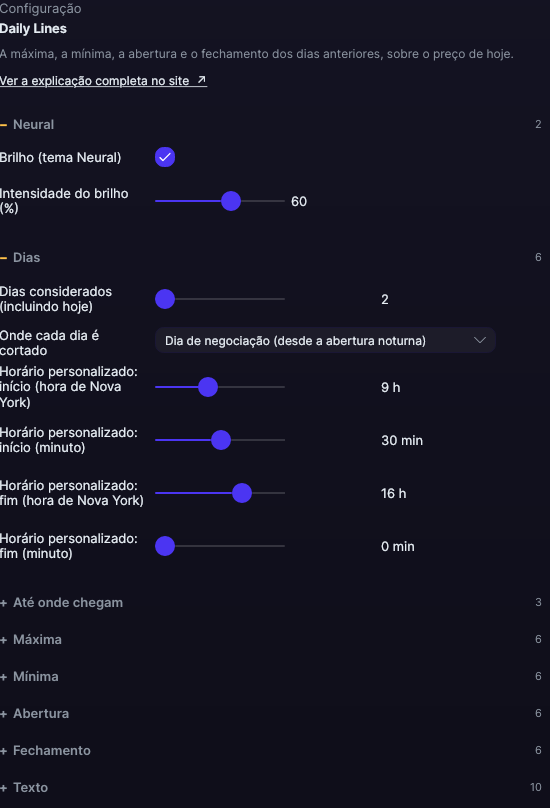 Painel de ajustes do Daily Lines no Forge, com a seção Dias aberta