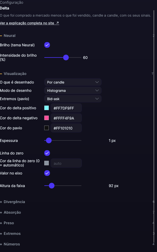 Painel de ajustes do Delta no Forge, com a seção Visualização aberta