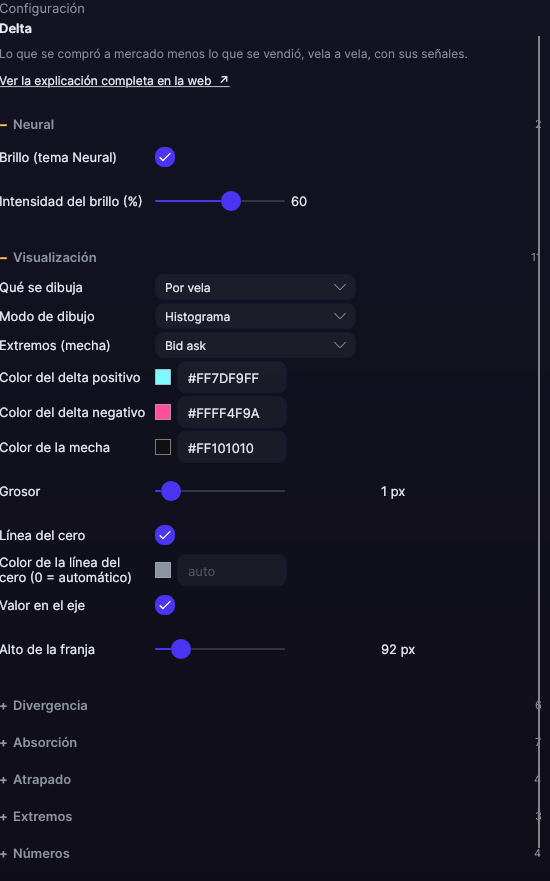 Panel de ajustes del Delta en Forge, con el apartado Visualización abierto