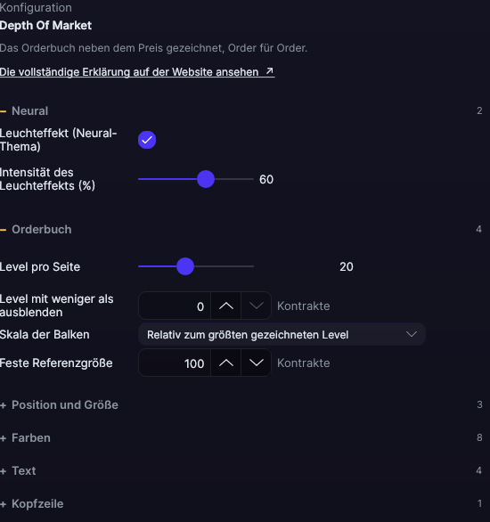 Einstellungsfenster des Depth Of Market in Forge, mit geöffnetem Abschnitt Orderbuch