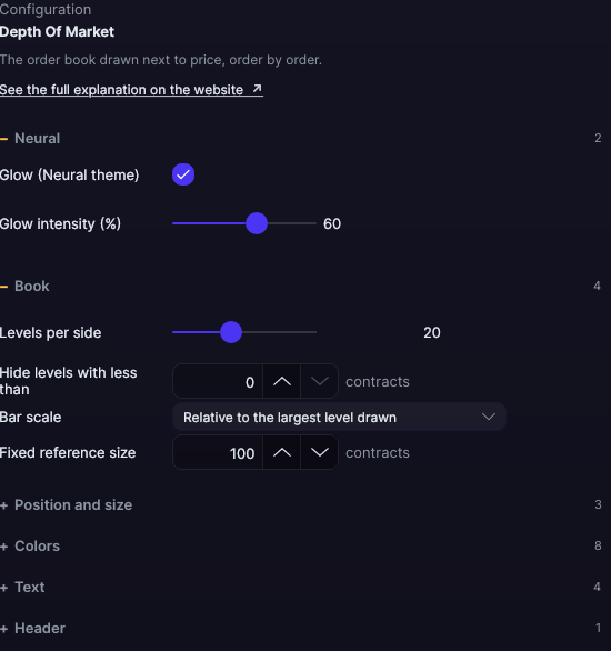 Depth Of Market settings panel in Forge, with the Book section open