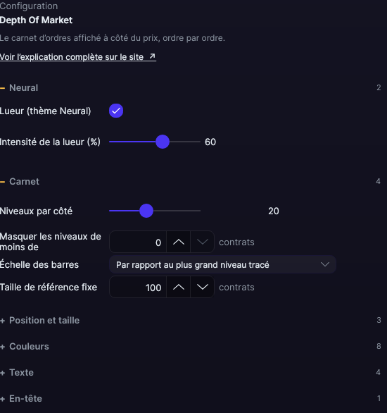 Panneau de réglages du Depth Of Market dans Forge, avec la section Carnet ouverte