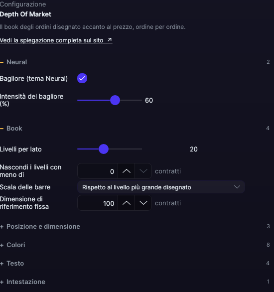 Pannello delle impostazioni del Depth Of Market in Forge, con la sezione Book aperta