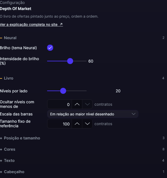 Painel de ajustes do Depth Of Market no Forge, com a seção Livro aberta