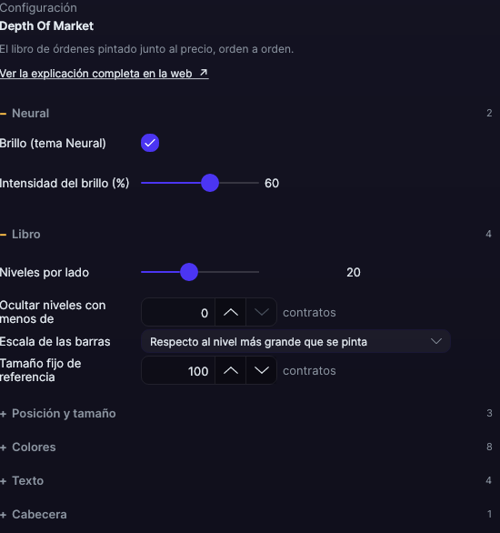 Panel de ajustes del Depth Of Market en Forge, con el apartado Libro abierto