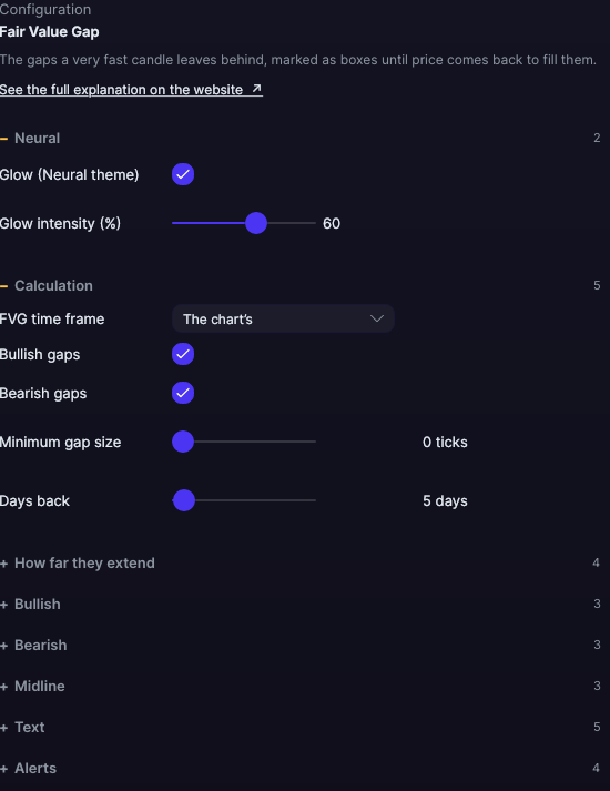 Fair Value Gap settings panel in Forge, with the Calculation section open