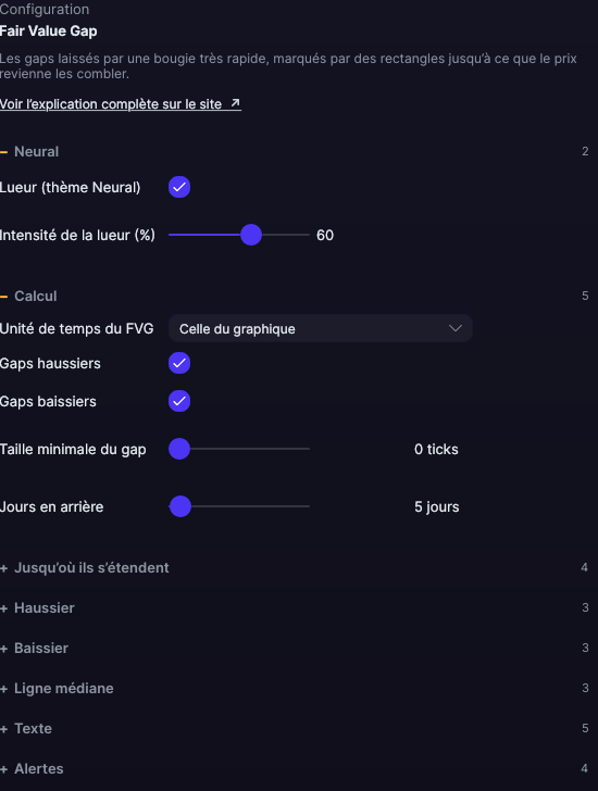 Panneau de réglages du Fair Value Gap dans Forge, avec la section Calcul ouverte