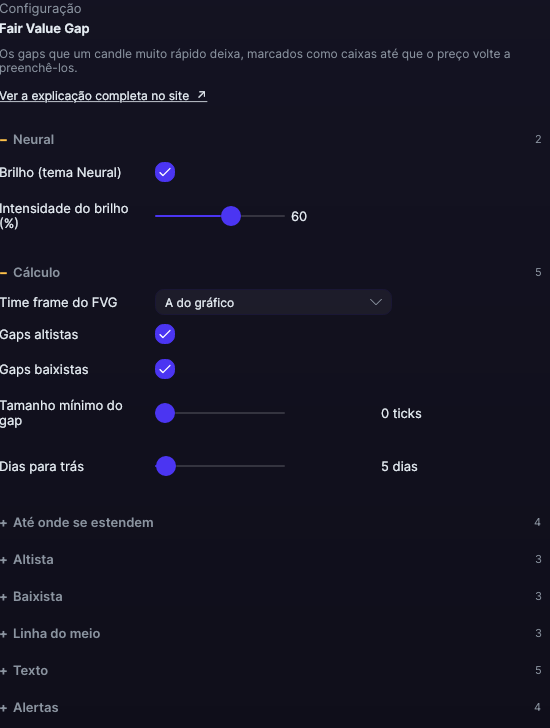 Painel de ajustes do Fair Value Gap no Forge, com a seção Cálculo aberta