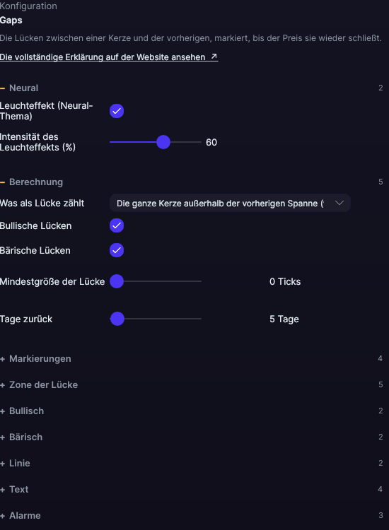 Einstellungsfenster von Gaps in Forge, mit dem Abschnitt Berechnung geöffnet