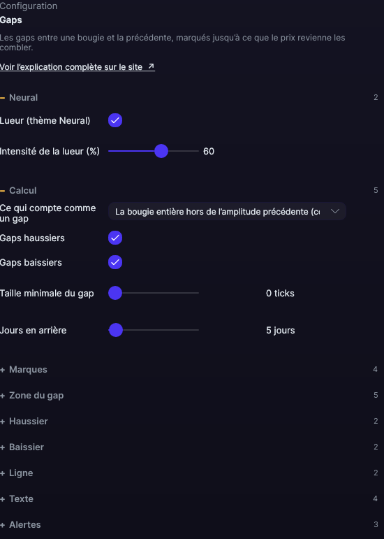 Panneau de réglages de Gaps dans Forge, avec la section Calcul ouverte