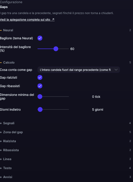 Pannello delle impostazioni di Gaps in Forge, con la sezione Calcolo aperta