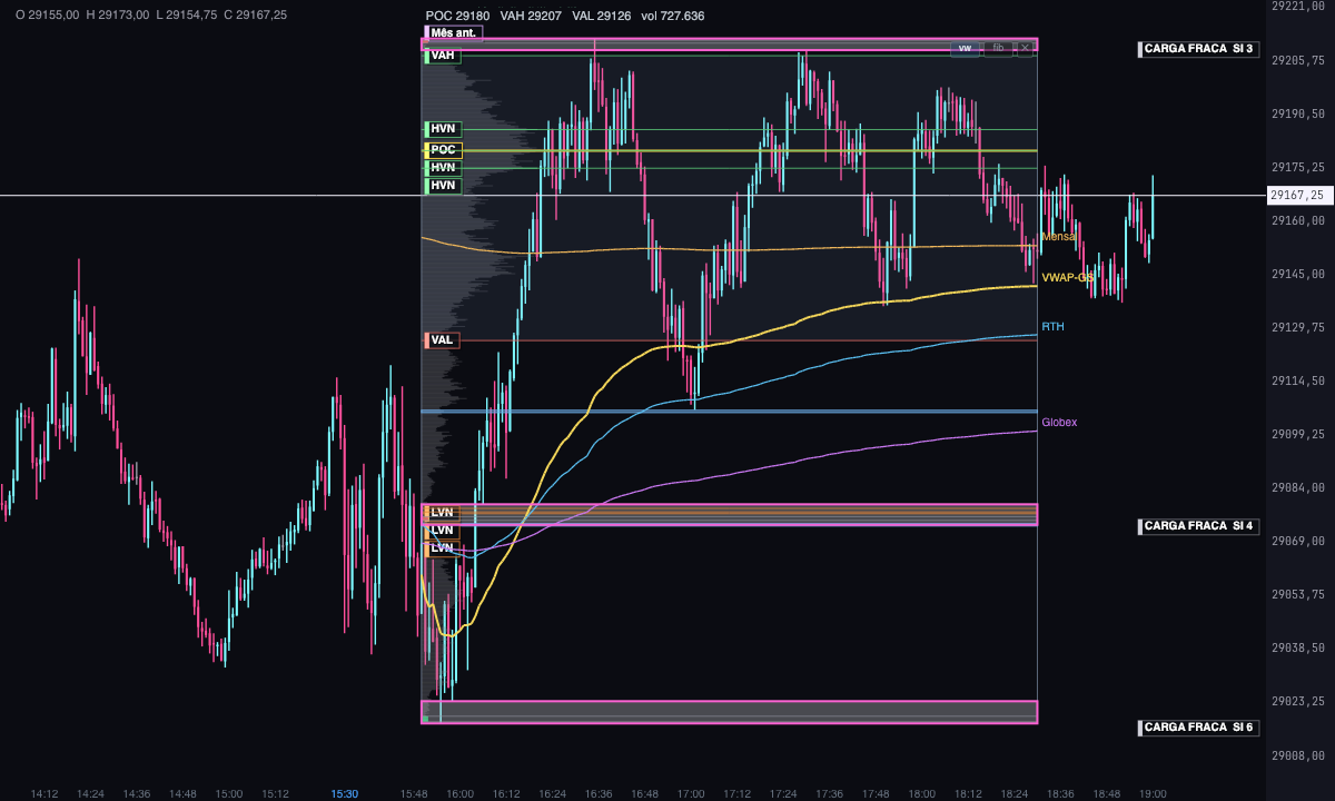 Gráfico de 1 minuto do MNQ com um perfil Grayskull das 9:50 às 12:30 no horário de Nova York: perfil de volume, POC, VAH, VAL, nós HVN e LVN, single prints e a VWAP do trecho