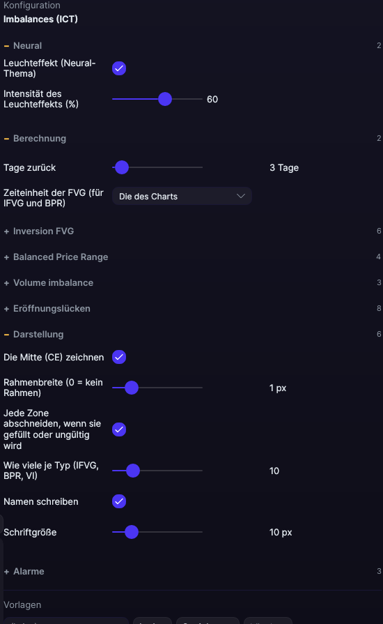 Einstellungsbereich von Imbalances (ICT) in Forge