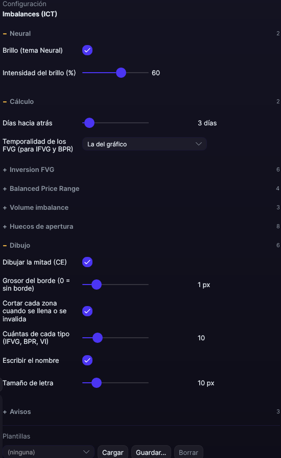Panel de ajustes de Imbalances (ICT) en Forge