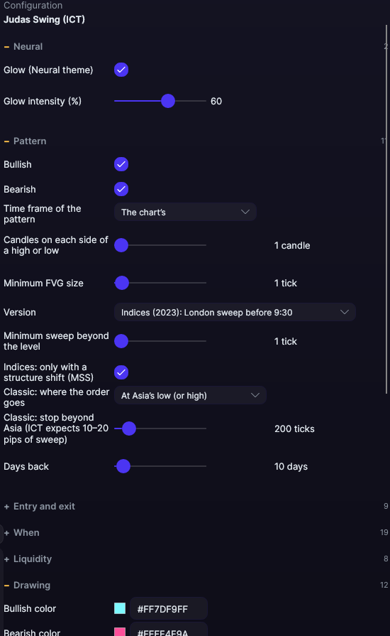 Judas Swing (ICT) settings panel in Forge
