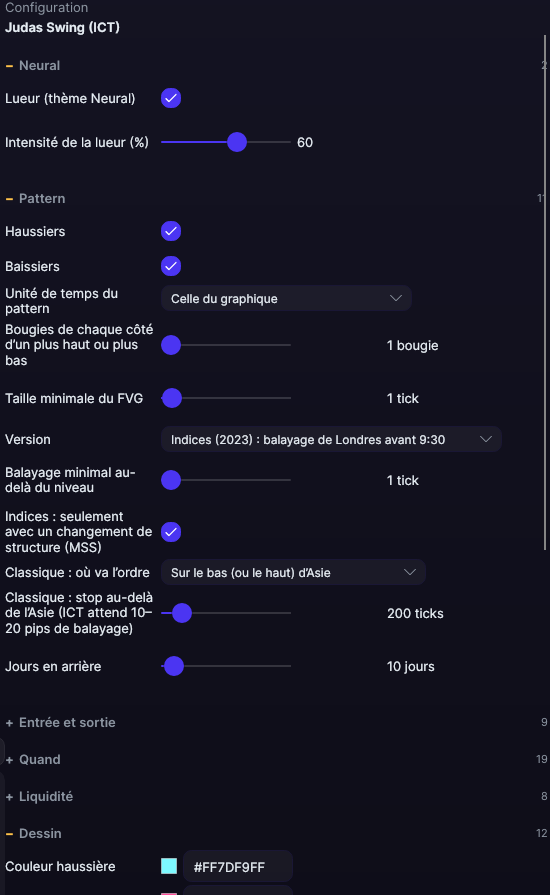 Panneau des réglages de Judas Swing (ICT) dans Forge