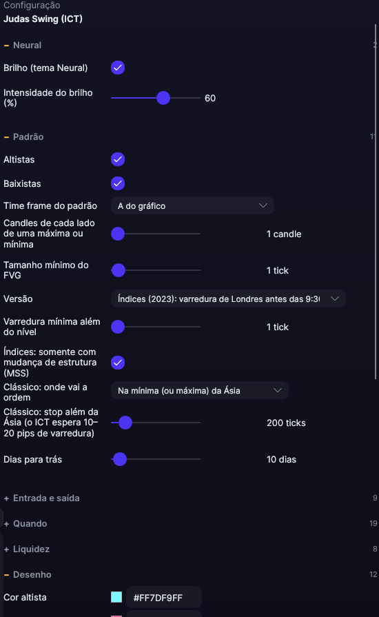 Painel de ajustes do Judas Swing (ICT) no Forge
