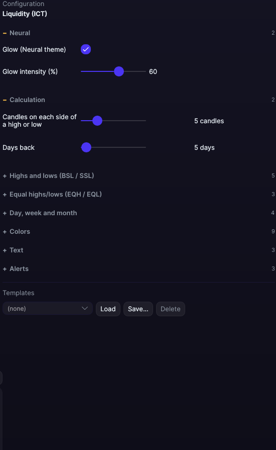 Liquidity (ICT) settings panel in Forge