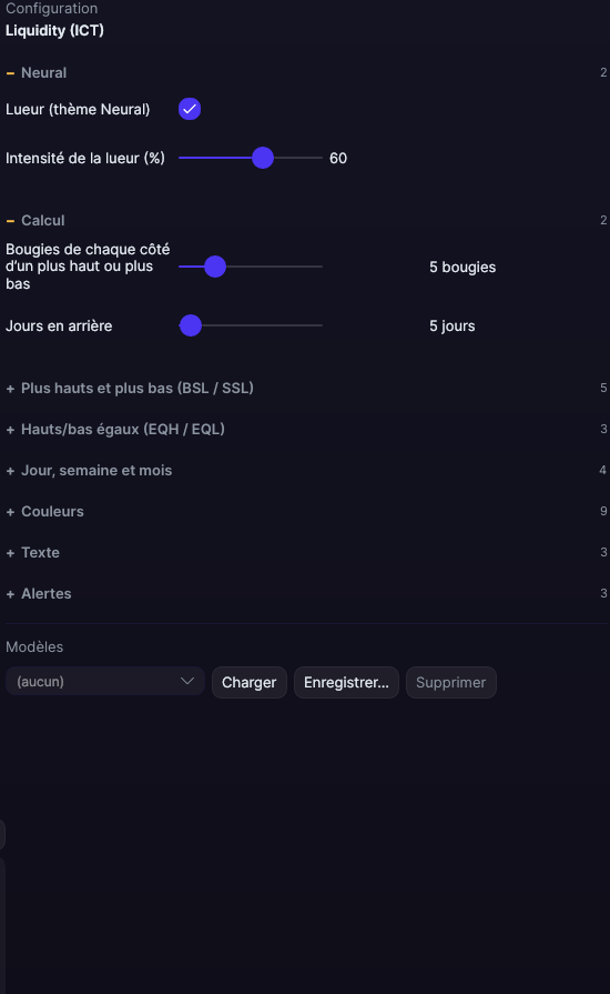Panneau des réglages de Liquidity (ICT) dans Forge