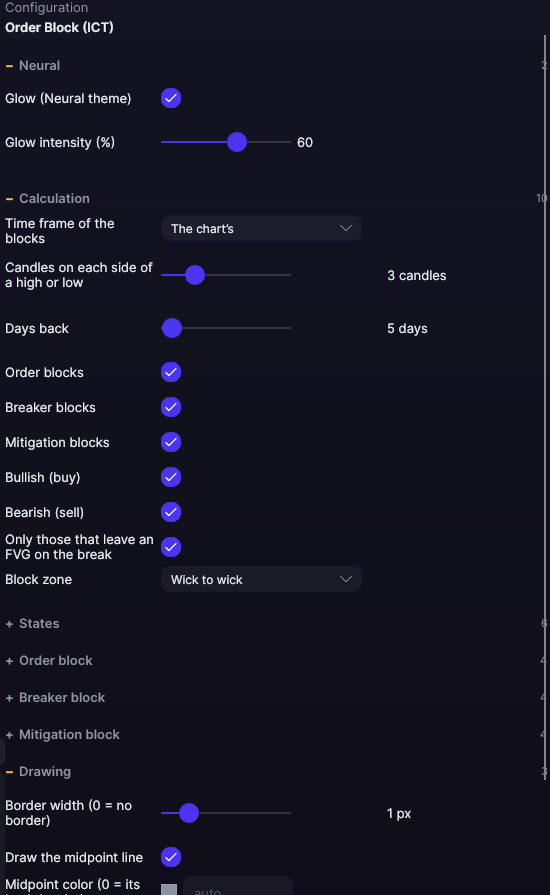 Order Block (ICT) settings panel in Forge