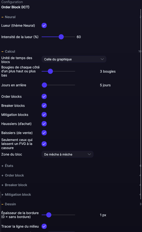 Panneau des réglages de Order Block (ICT) dans Forge