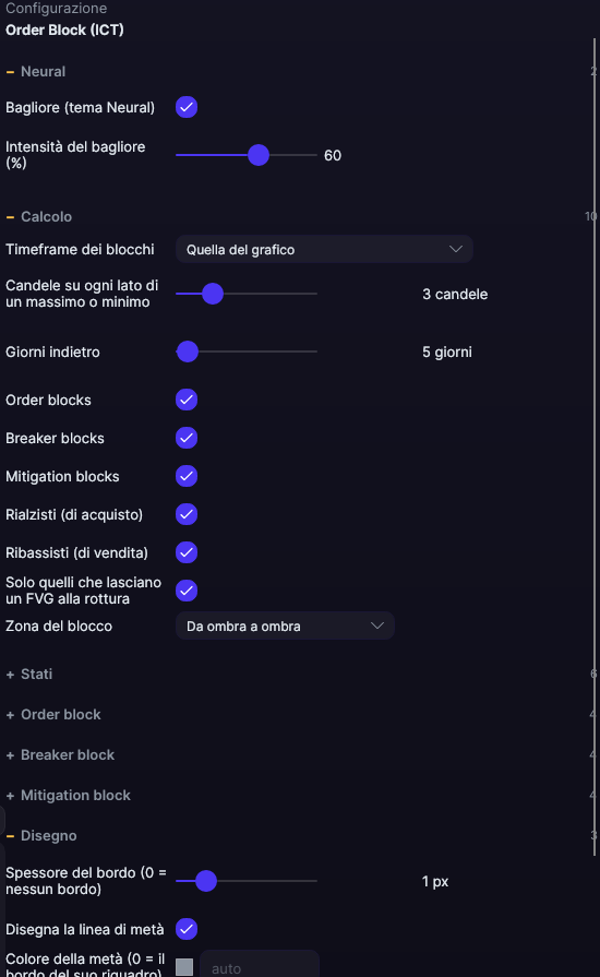 Pannello delle impostazioni di Order Block (ICT) in Forge