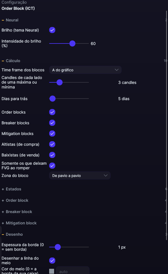 Painel de ajustes do Order Block (ICT) no Forge