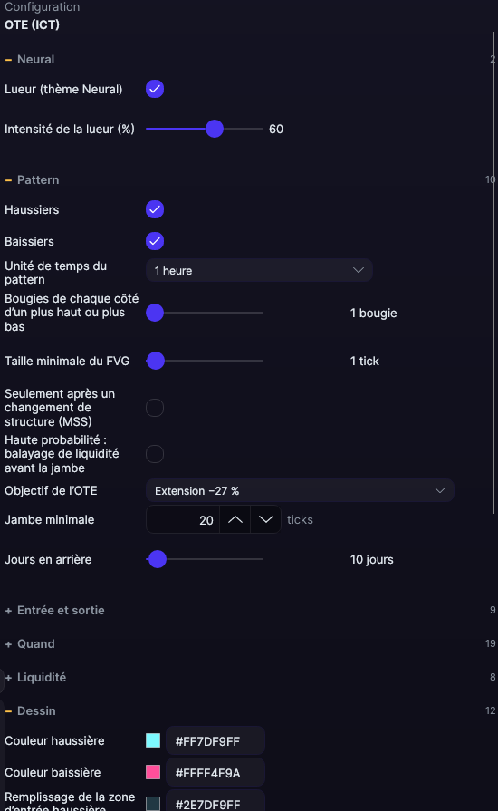 Panneau des réglages de OTE (ICT) dans Forge