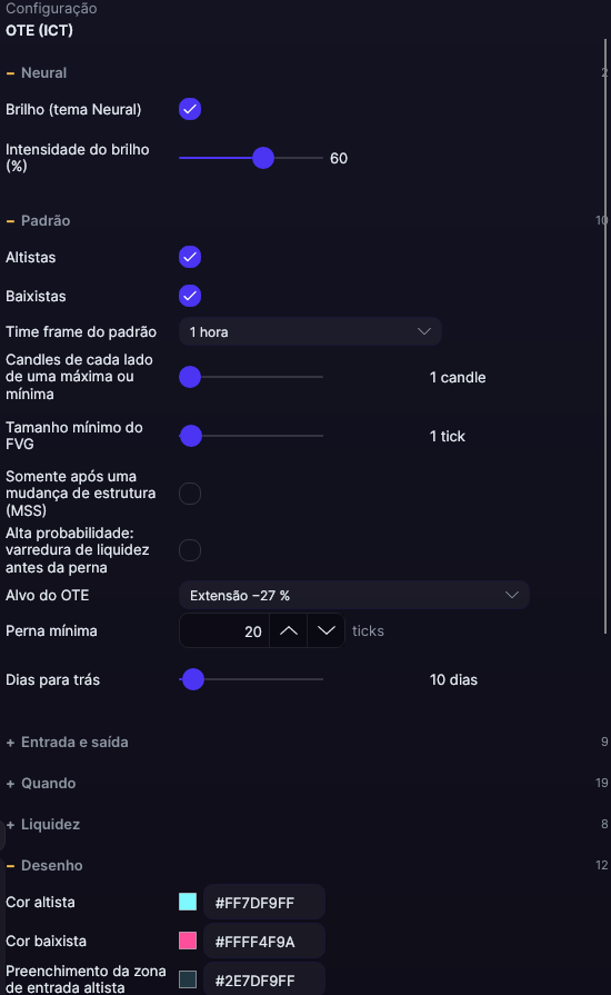 Painel de ajustes do OTE (ICT) no Forge